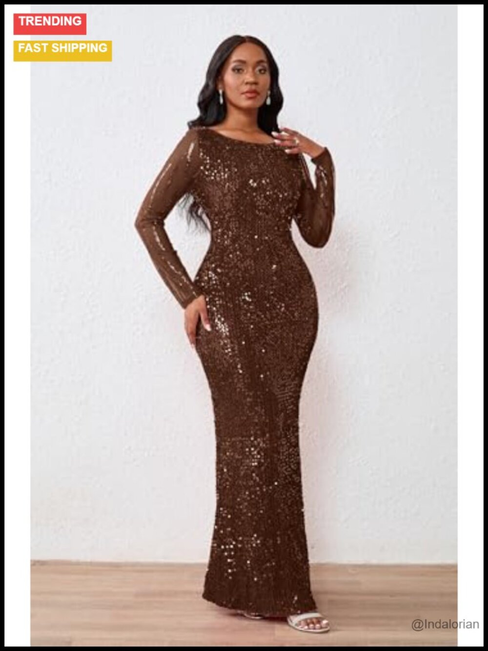 Sequins Mermaid Maxi Dress Long Sleeve Bodycon Cocktail Party - Picture 2 of 5